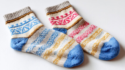 Pair of wool socks with knitted patterns on ultra clean transparent background