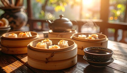 Steamed Dim Sum with Soy Sauce on Wooden Table in Warm Sunlight