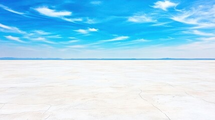 Salt desert landscape with vast sky horizon. Empty arid plain under blue sky. Vast horizon and barren nature, scenic earth background, summer travel, panoramic outdoor environment, serene solitude.