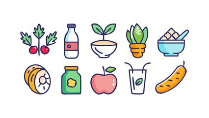 Collection of colorful flat design icons representing healthy food and organic produce including fruits vegetables drinks and plant growth on a black background