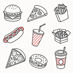 A collection of popular fast food items including a hamburger pizza slices french fries hot dogs and drinks with a simple outline and red stripe design on a white background