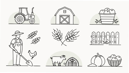 A collection of simple line art icons representing various elements of farm life including a tractor barn wheat stalks a farmer with a shovel a chicken a goat a fence a pumpkin and a basket of apples