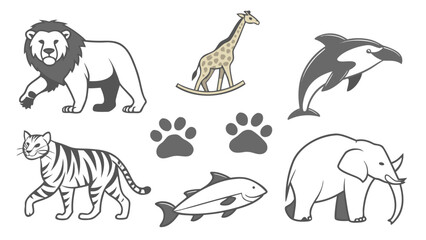 Collection of stylized animal illustrations including a walking lion a rocking horse giraffe a leaping dolphin a walking tiger paw prints a fish and an elephant