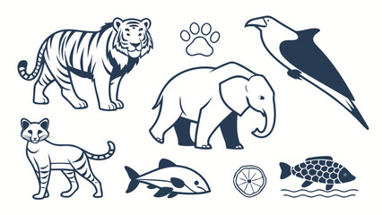 Collection of stylized animal illustrations including a tiger elephant cat bird fish and a paw print presented as graphic design elements on a white background