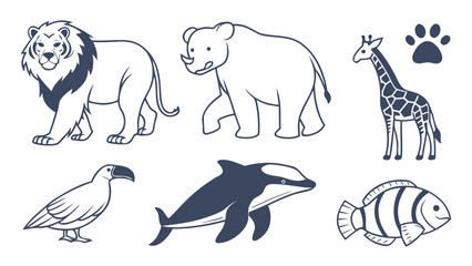 Collection of stylized cartoon line art illustrations of various animals including a lion rhinoceros giraffe toucan killer whale and fish with a paw print
