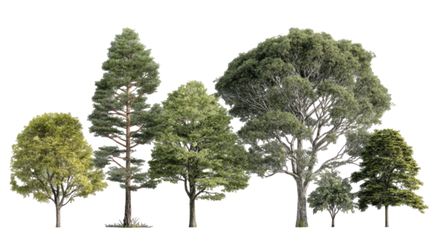 A row of diverse trees against a black background.  Different shapes and shades of green foliage.  Tall and varied