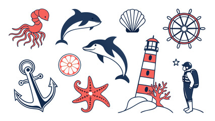 A vibrant collection of marine life and nautical elements including dolphins a starfish an anchor a lighthouse a diver a seashell a ship s wheel and a stylized octopus © dog