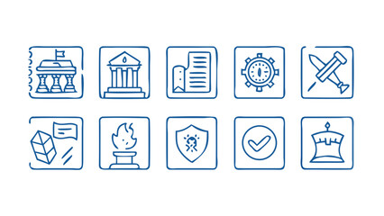 A collection of ten hand drawn blue line art icons representing government buildings legal documents security and business success on a black background