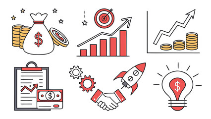 Collection of modern flat design icons representing business growth financial success startup launch and innovative ideas with money charts and rockets