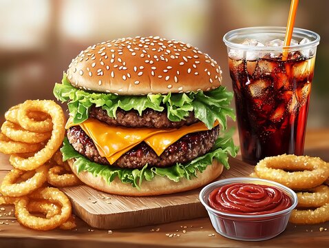 Double cheeseburger meal with onion rings and soda-A hearty double cheeseburger stacked with two beef patties, melted cheddar cheese, fresh lettuce, and tomato in a sesame seed bun. Served with crispy