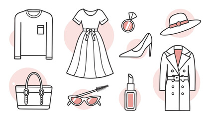A collection of stylish fashion items including a long sleeve shirt a dress a medal a hat a handbag sunglasses mascara lipstick a high heel shoe and a trench coat