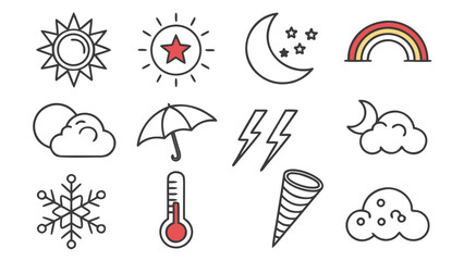 Collection of hand drawn weather icons featuring sun moon clouds rainbow snowflake umbrella lightning thermometer and tornado for forecasting and meteorology