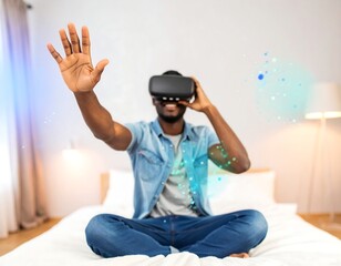 Man enjoys immersive virtual reality experience with VR headset in a cozy bedroom setting