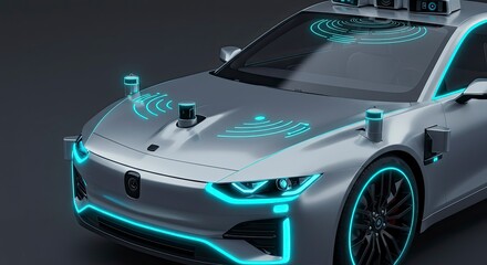 Futuristic Silver Car with Glowing Blue Sensors and Accents on Dark Background