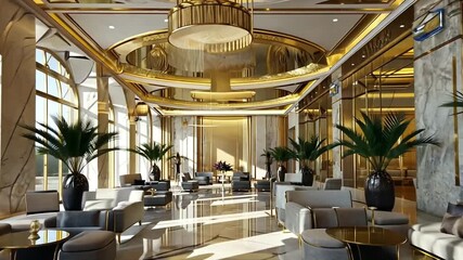Luxurious hotel lobby with golden accents and elegant seating areas - Powered by Adobe