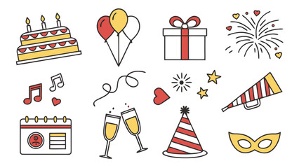 A festive collection of celebration icons including a birthday cake balloons gift box fireworks music notes confetti champagne glasses party hat and masquerade mask