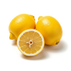 A vibrant and refreshing set of lemon elements, featuring two whole, perfectly ripe lemons and a juicy half copy