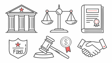 Collection of legal and justice icons including courthouse scales of justice gavel certificate money and handshake symbolizing law and order