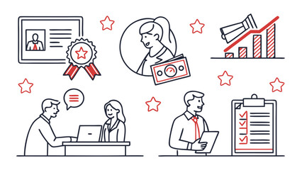 Business success and achievement depicted through icons of people awards money charts and checklists in a clean line art style with red and blue accents