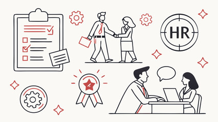 Human resources professionals collaborate on employee onboarding and talent acquisition with a checklist handshake and interview process