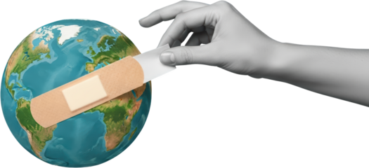 Human hand applying bandage to the planet Earth symbolizing global healing and environmental care collage transparent background
