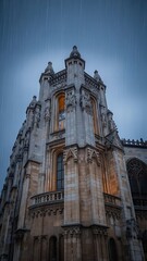 Fototapeta premium Vertical Mobile Wallpaper of Ancient Gothic Cathedral Facade with Dramatic Lighting, Majestic Realistic Architecture