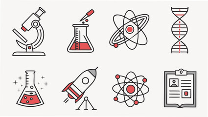 Collection of science and technology icons featuring a microscope laboratory flask with pipette atomic model dna helix rocket and clipboard with profile