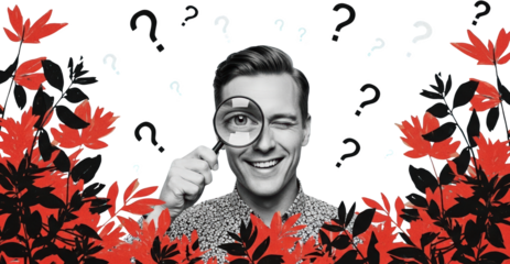 Man with magnifying glass examining eye surrounded by red leaves and question marks collage art looking transparent background