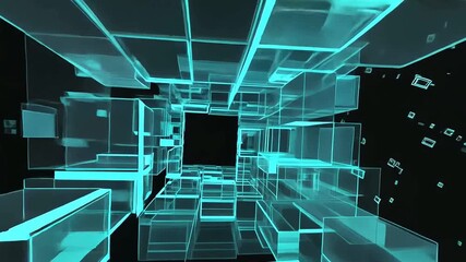 Floating cyan 3D cube grid against a black backdrop with shapes - Powered by Adobe