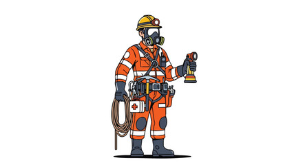 Illustration showcasing a dedicated mine rescue worker fully equipped and prepared for underground emergencies featuring distinctive cartoon style