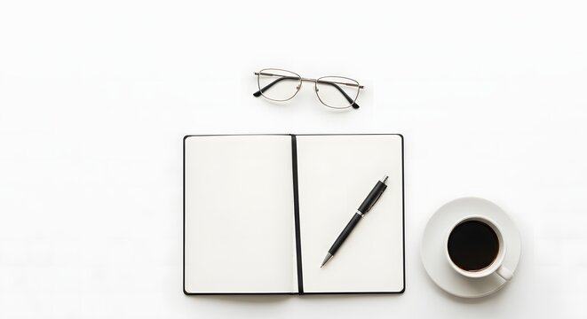 Flat lay of an open notebook with a pen and a cup of coffee representing productivity and planning