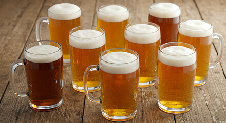 Array of Beer Mugs A Diverse Collection of Refreshing Brews on a Wooden Surface