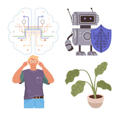 Man studying AI innovations, robot with shield representing cybersecurity, brain circuitry symbolizing tech advancements, and green potted plant symbolizing balance. Ideal for AI, technology