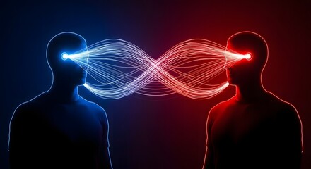 Two silhouetted heads exchanging glowing particle streams representing connection and communication