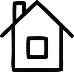 Simple black outline of a house with chimney and window stylized as a child's drawing for design projects