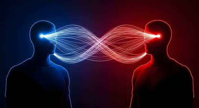 Two silhouetted heads exchanging glowing particle streams representing connection and communication