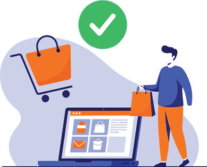 Online shopping illustration: a man holds a bag next to a laptop with a shopping cart and a green checkmark.