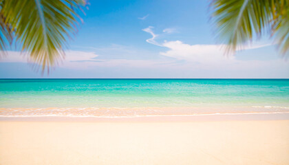 Fototapeta premium Scenic View Of Empty Tropical beach and palm trees Against Blue Sky .
