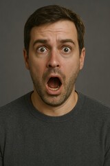 Astonished man with wide eyes and open mouth expresses surprise and shock with emotion
