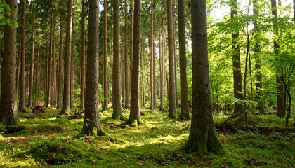 Obraz premium Sunlight filtering through a dense forest