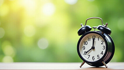 a blue clock sitting on a wooden table next to a small plant
