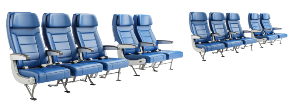 Airplane seats displayed in various arrangements, set against a transparent background. 3D Rendering of seating layout concept showcasing comfort and design.