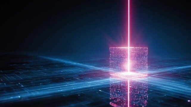 Pink beam passes through a crystalline cube on a blue network grid surface