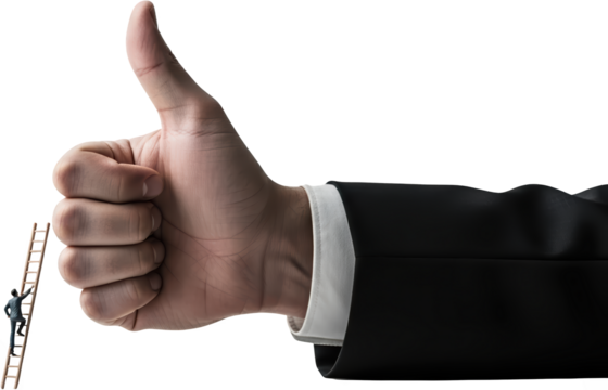 Tiny businessman climbs ladder toward giant thumb giving approval isolated for collage art person climbing