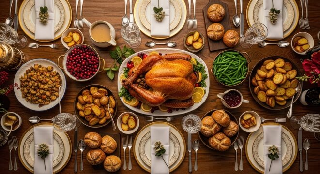 Thanksgiving dinner table set with roasted turkey & sides, overhead view