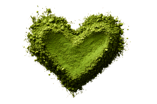 Artistic Heart of Matcha Powder with Slightly Scattered Edges, Angled Perspective, Isolated on Transparent Background