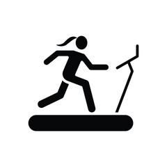 Woman on treadmill icon. Simple solid style. Running, machine, fitness, people, gym, female, person, health concept. Silhouette, glyph symbol. Vector isolated design