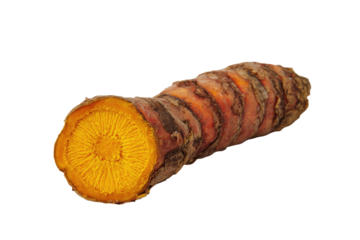 Close-up of a cut turmeric root.  The root is a reddish-brown, with a longitudinal ribbed texture.  A cross-section reveals a vibrant, golden-yellow interior.  Isolated against a black background