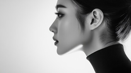 a beautiful chinese woman With a ponytail is peeking from the edge of a white background, only her half face is visible, in a simple, minimalistic style with high contrast between black and white, 