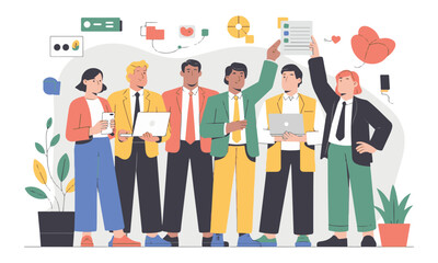 Flat Minimalist Vector Illustration – Diverse Business Team Collaboration in Modern Infographic Style
